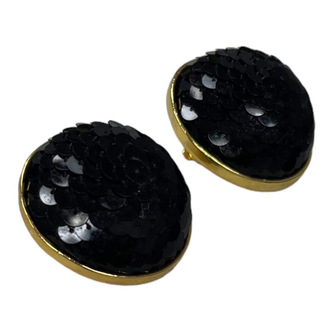 Vintage Poogi Paris Black Sequin Gold Statement Clip Earrings - Premium from Vintage - Just $65.0! Shop now at Finds For You