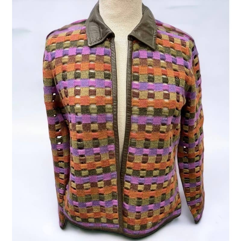 Vintage 90’s Sigrid Olsen Cut Out Woven Leather Trim Cardigan Size M - Premium from Sigrid Olsen - Just $79.0! Shop now at Finds For You