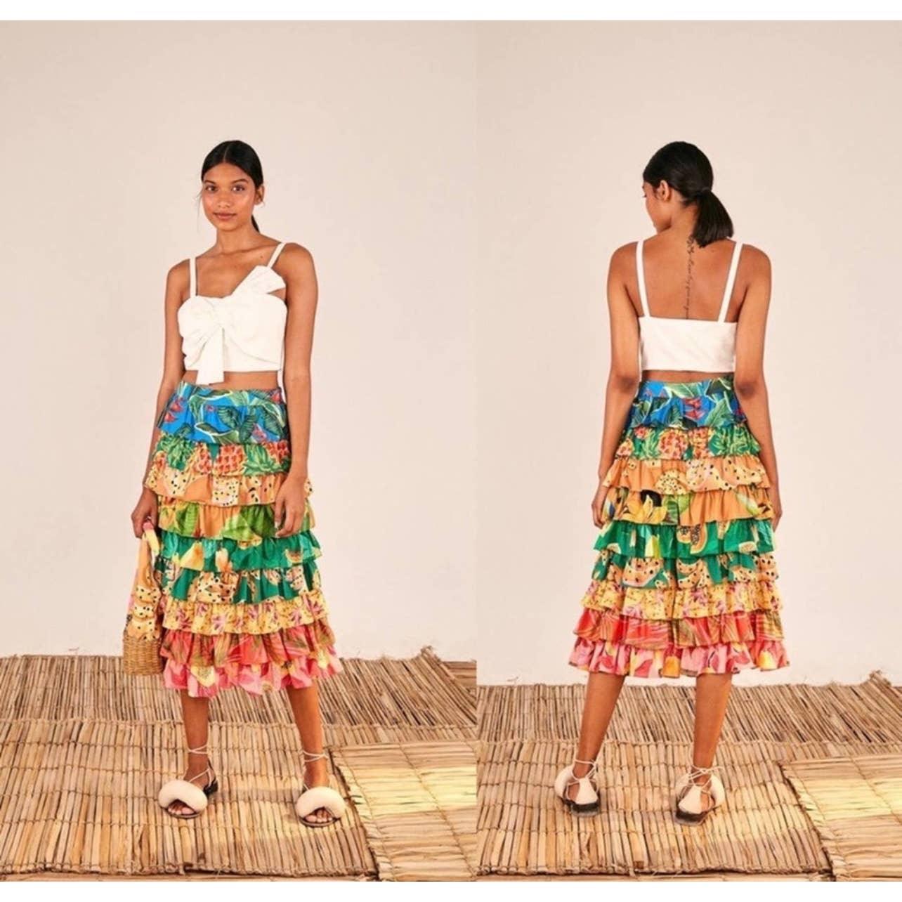 Farm Rio Mixed Print Tiered Midi Skirt Cotton Colorful Size M New - Premium from Farm Rio - Just $199.00! Shop now at Finds For You