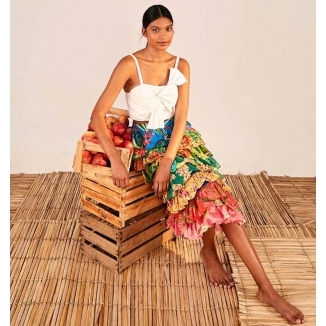 Farm Rio Mixed Print Tiered Midi Skirt Cotton Colorful Size M New - Premium from Farm Rio - Just $199.00! Shop now at Finds For You