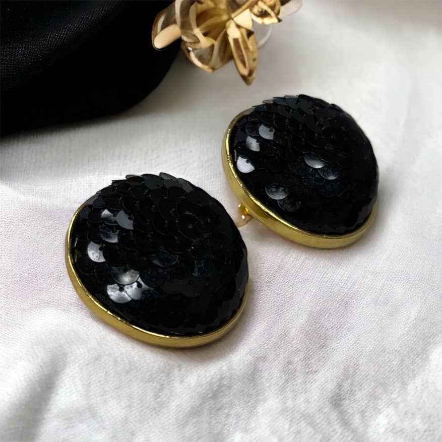 Vintage Poogi Paris Black Sequin Gold Statement Clip Earrings - Premium from Vintage - Just $65.0! Shop now at Finds For You