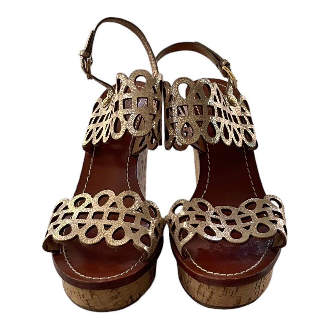 Tory Burch Nori Laser Cut Wedge Sandals Size 9 Gold - Premium from Tory Burch - Just $139.0! Shop now at Finds For You