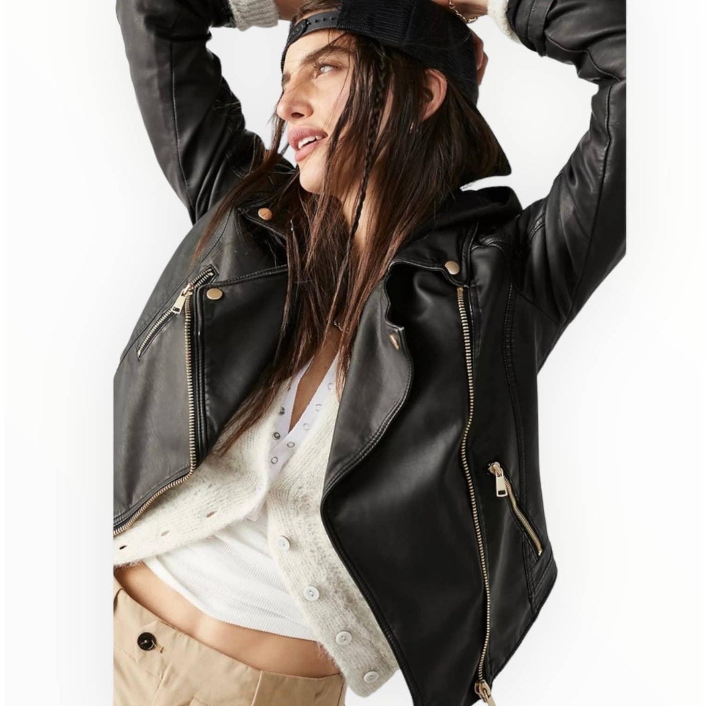 Free People Harriet Vegan Hoodie Motorcycle Moto Zip Jacket Black M - Premium  from Free People - Just $119.00! Shop now at Finds For You