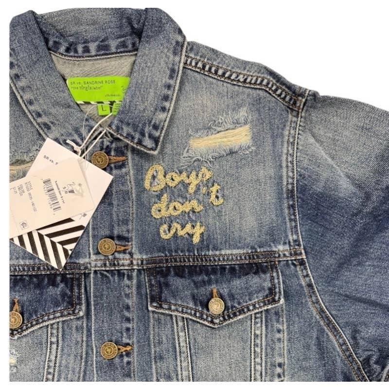 Free People x Sandrine Rose Boys Don’t Cry Embroidered Distressed Denim Jean Jacket New Large - Premium  from Free People - Just $79.0! Shop now at Finds For You