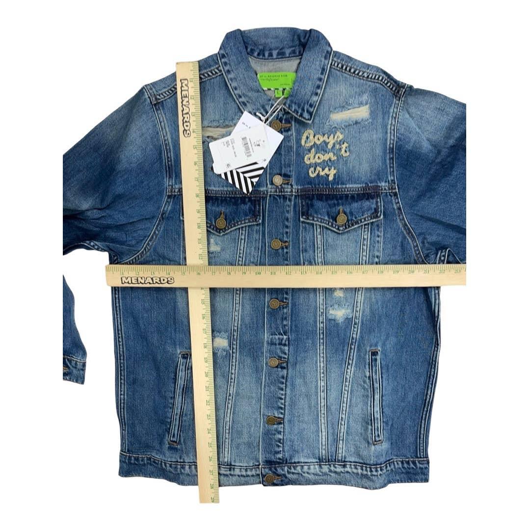 Free People x Sandrine Rose Boys Don’t Cry Embroidered Distressed Denim Jean Jacket New Large - Premium from Free People - Just $79.0! Shop now at Finds For You