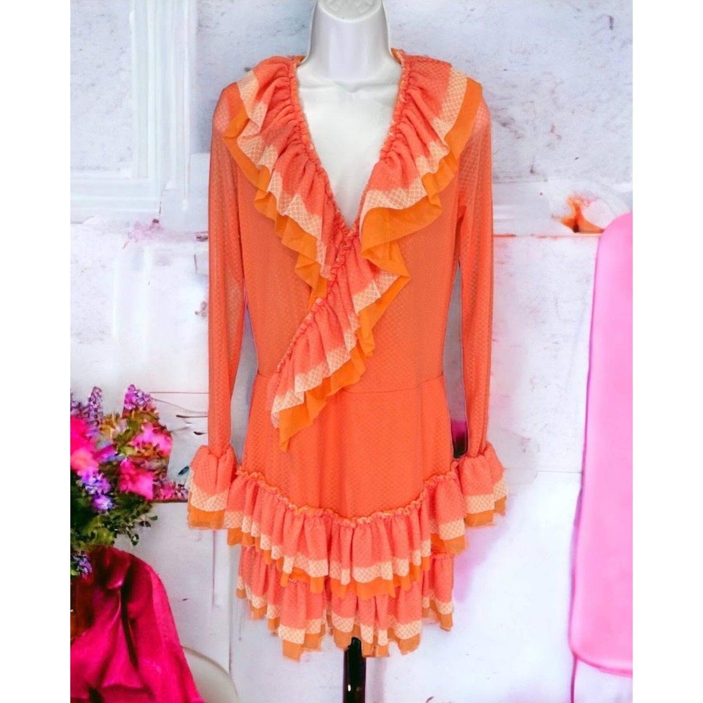 We are HAH Mags About U Coral Ruffle Dress Festival Coachella 1970's New S - Premium from We are HAH - Just $119.00! Shop now at Finds For You