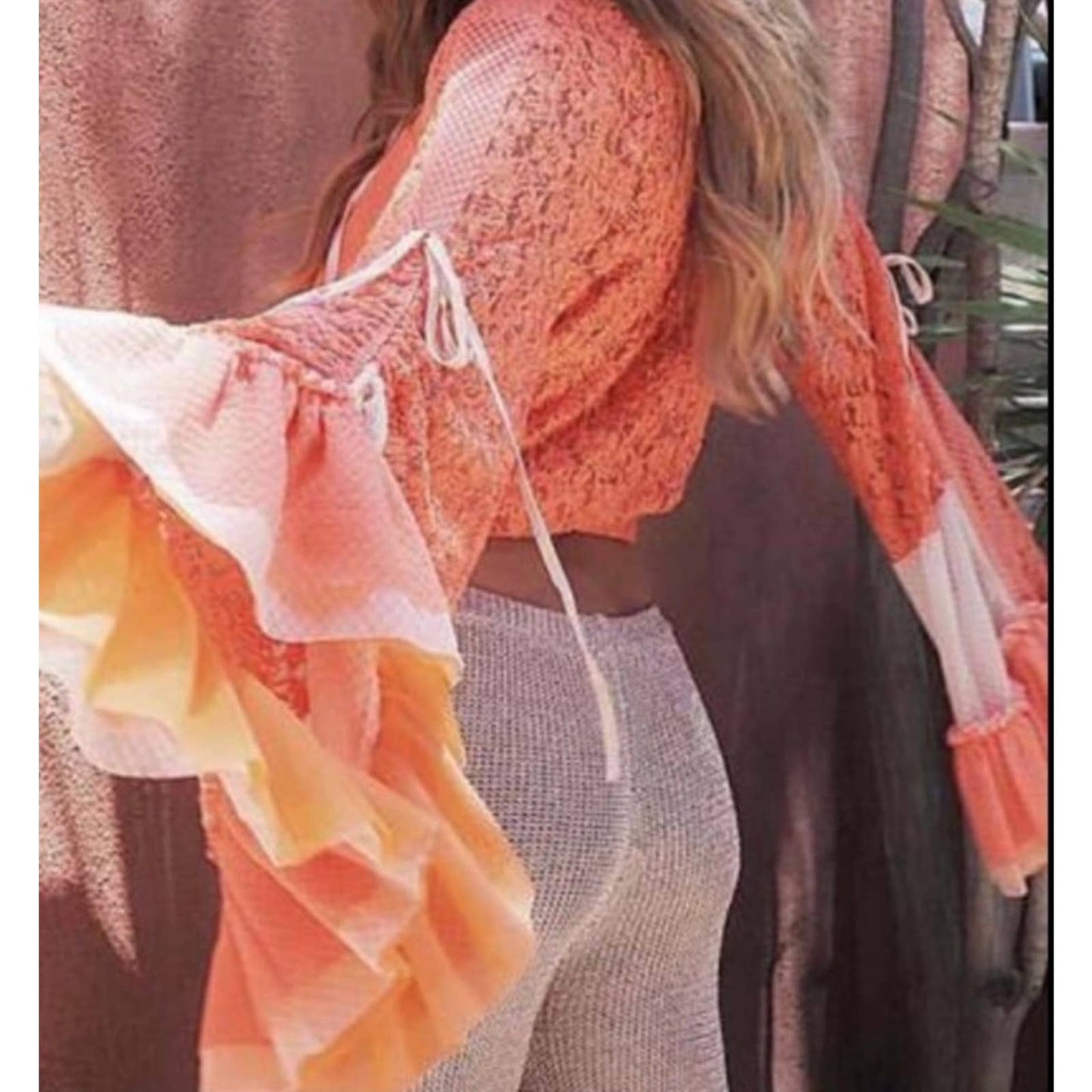 HAH Lace Boho Top Ruffle Festival Coachella Top Blouse S Orange New - Premium from HAH - Just $139.0! Shop now at Finds For You