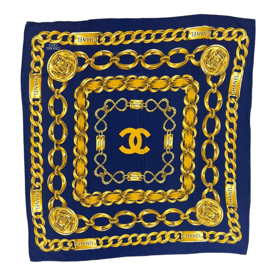 Vintage 90’s Chanel Silk Logo Scarf Chain Print Navy - Premium from CHANEL - Just $449.0! Shop now at Finds For You