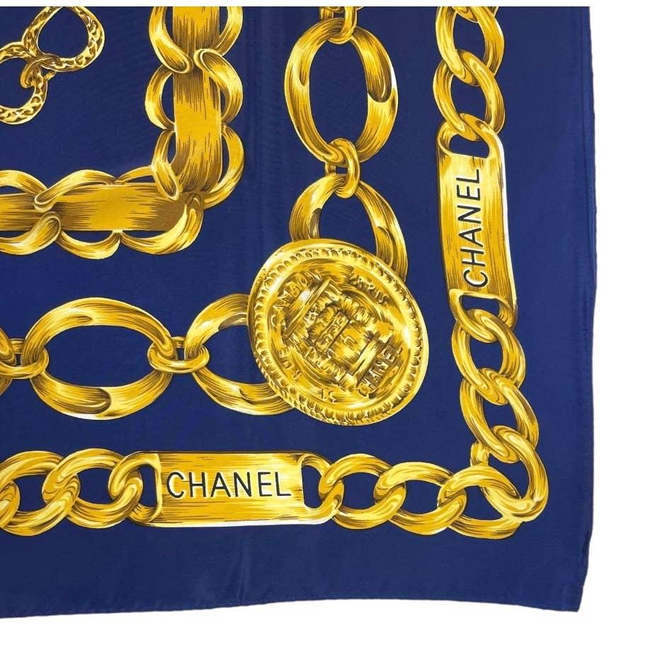 Vintage 90’s Chanel Silk Logo Scarf Chain Print Navy - Premium from CHANEL - Just $449.0! Shop now at Finds For You