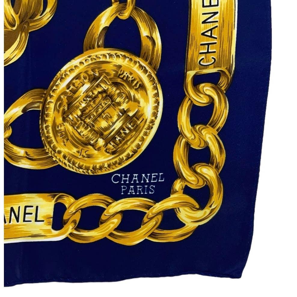 Vintage 90’s Chanel Silk Logo Scarf Chain Print Navy - Premium from CHANEL - Just $449.0! Shop now at Finds For You