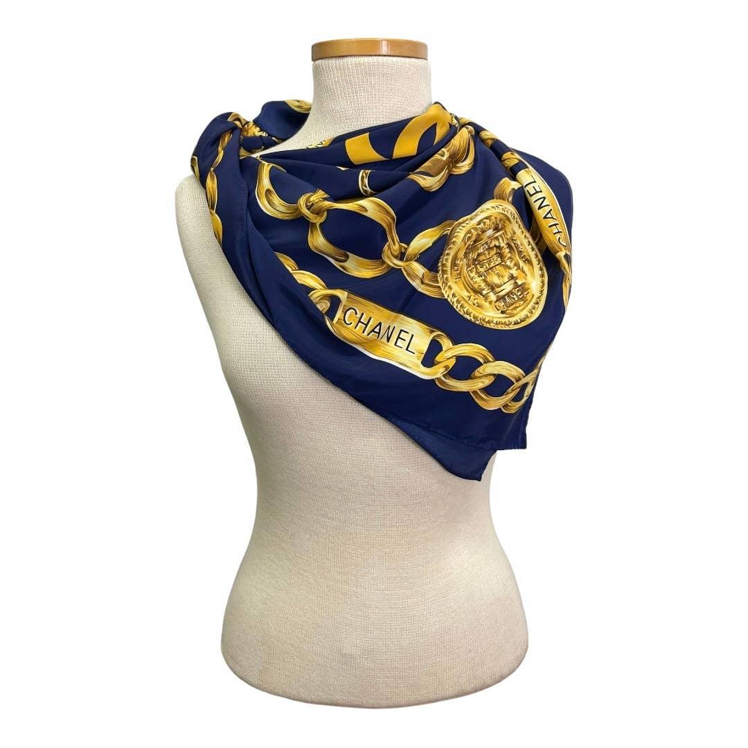 Vintage 90’s Chanel Silk Logo Scarf Chain Print Navy - Premium from CHANEL - Just $449.0! Shop now at Finds For You