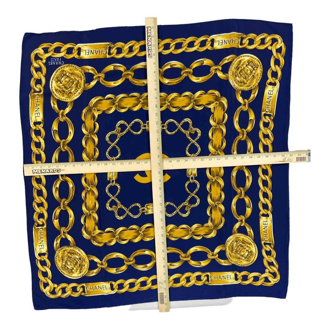 Vintage 90’s Chanel Silk Logo Scarf Chain Print Navy - Premium from CHANEL - Just $449.0! Shop now at Finds For You