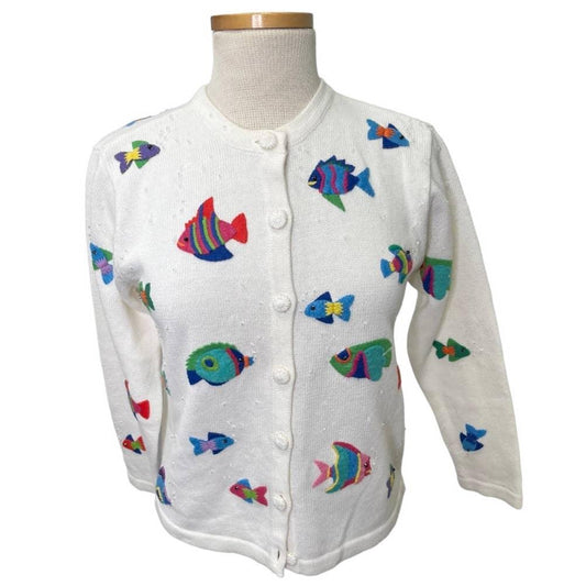 Vintage 90’s Talbots Colorful Fish Cardigan Knit Sweater Size Small Petite - Premium  from Talbots - Just $49.00! Shop now at Finds For You