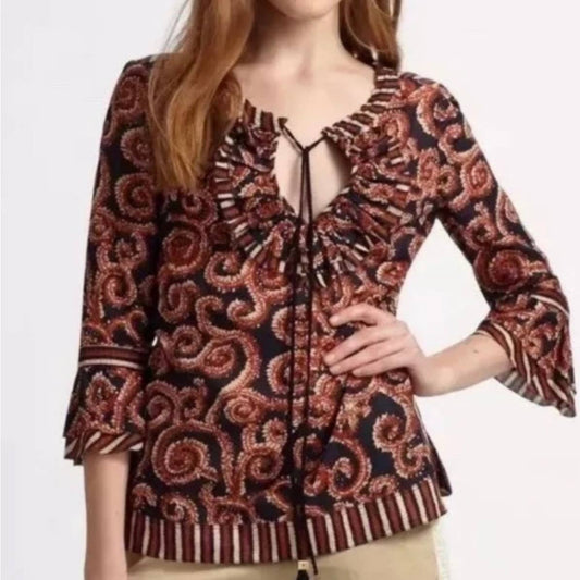 Tory Burch Gwenna Tunic Keyhole Ruffle Tunic Top Blouse Size 8 - Premium  from Tory Burch - Just $99.0! Shop now at Finds For You