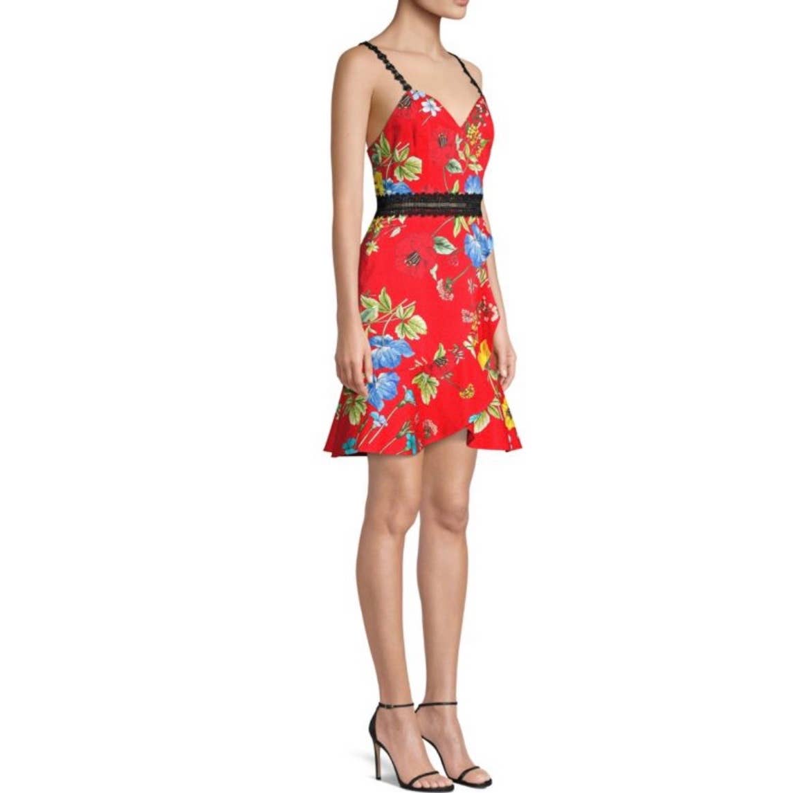 Alice + Olivia Kirby Lace Trimmed Fit and Flare Floral Dress Size 2 Red