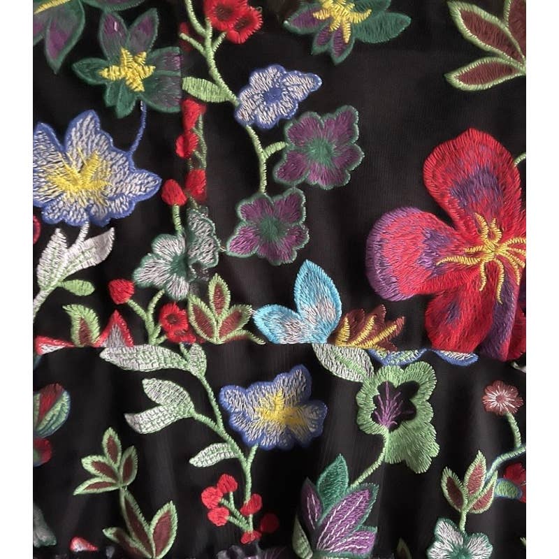 vone embroidered dress VONE Anthropologie Black Red Floral Embroidered Sheath Mini Dress 0