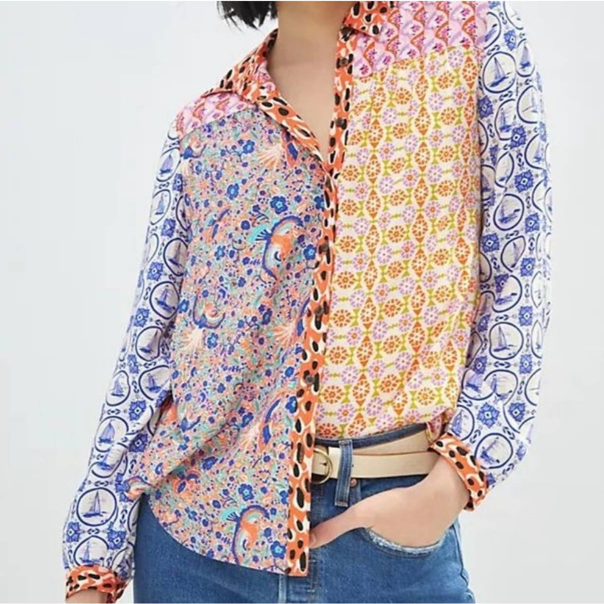 Anthropologie Contrast Button Down Blouse Top Patchwork Size Medium New - Premium  from Anthropologie - Just $99.0! Shop now at Finds For You