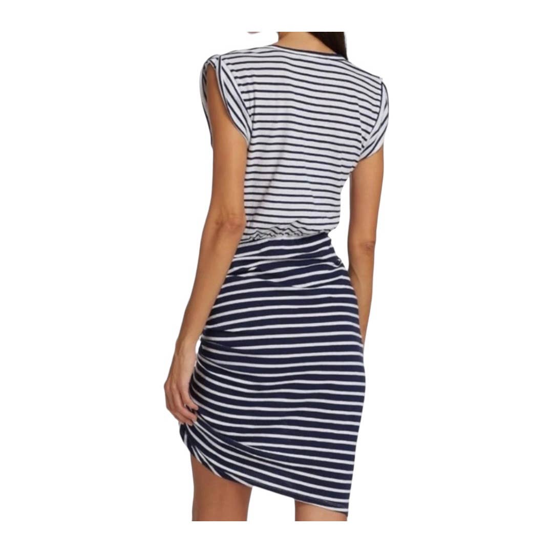veronica beard striped ruched dress Veronica Beard Teagan Stripe Ruched V-Neck Midi Dress