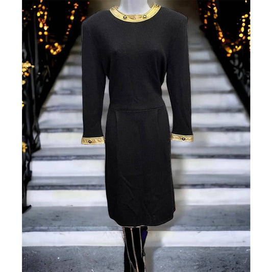 Vintage 90’s St. John Marie Gray Santana Knit Leather Trim Dress Size 12 - Premium  from St. John - Just $199.00! Shop now at Finds For You