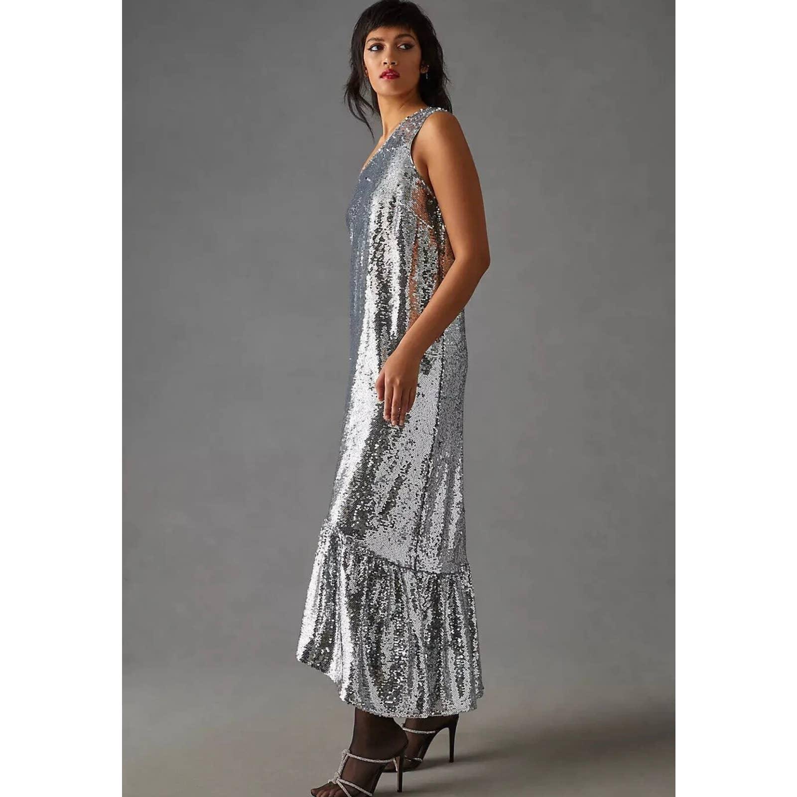 anthropologie maeve dress Anthropologie Maeve Sequin One Shoulder Midi Dress Size L New Silver – Finds For You