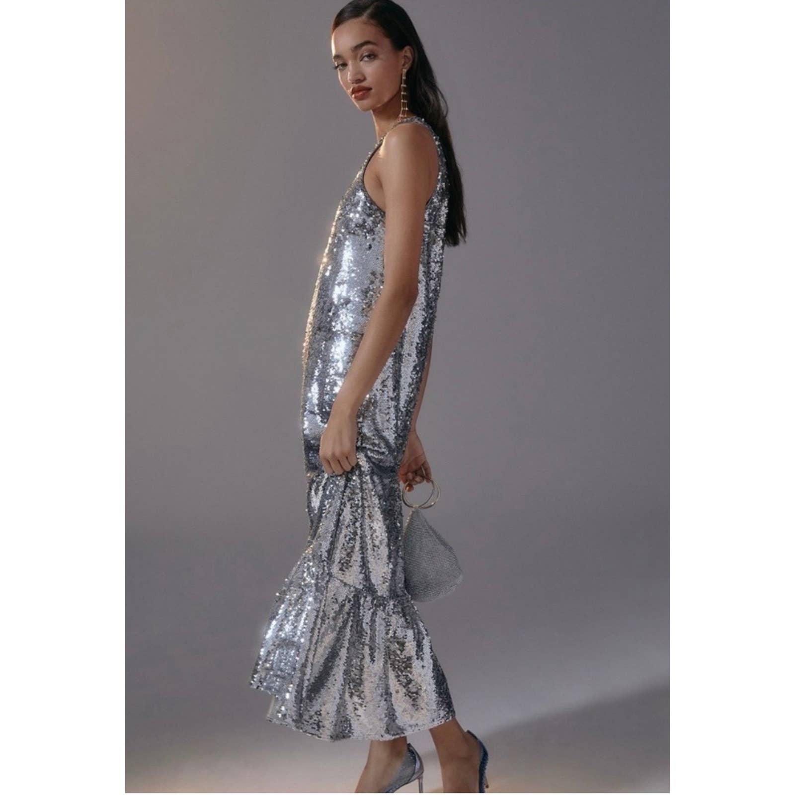Anthropologie Maeve Sequin One Shoulder Midi Dress Size M New Silver – Finds For You