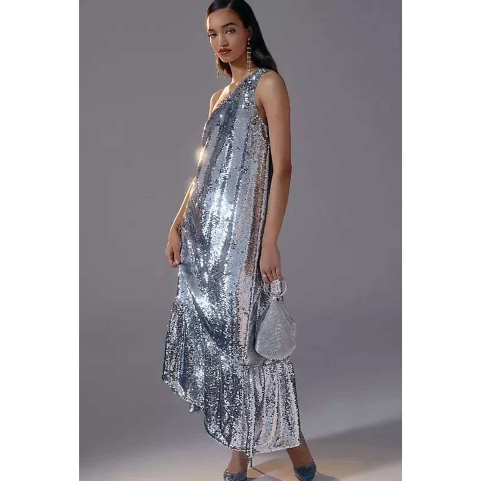 Anthropologie Maeve Sequin One Shoulder Midi Dress Size S New Silver - Premium  from Anthropologie - Just $189.00! Shop now at Finds For You