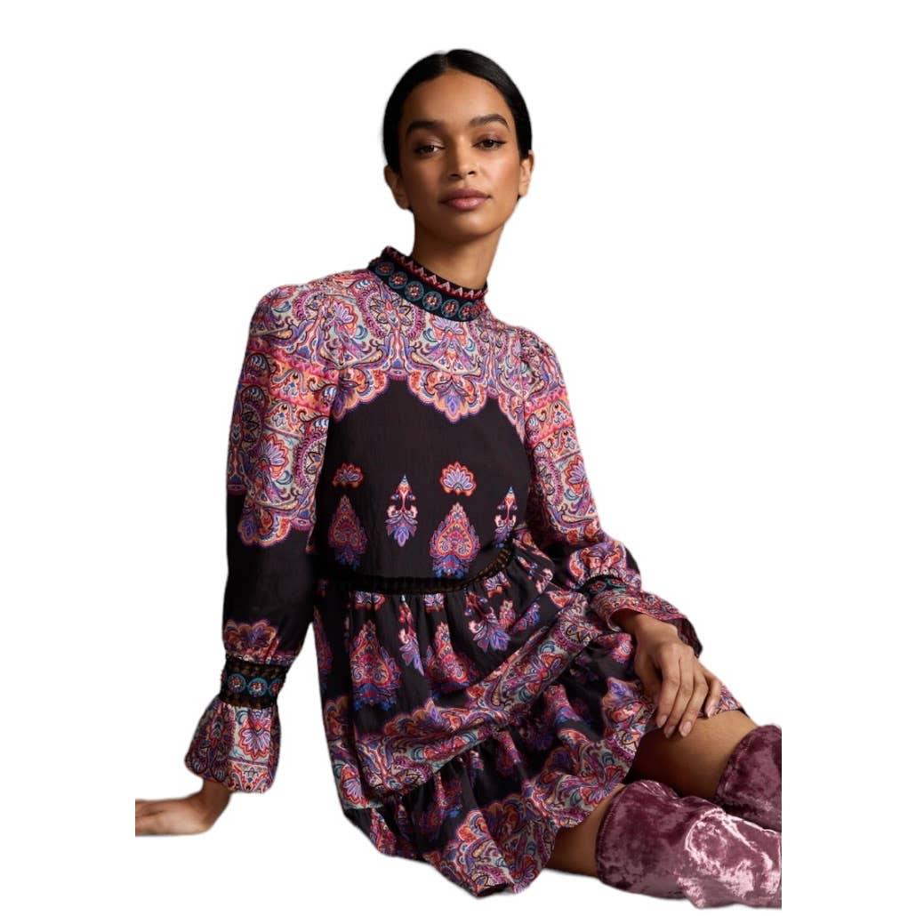 anthropologie beaded dress Tiered Mixed Print Size 6 New – Finds For You Black Quinceañera Dress with Collection:Lights On size:14