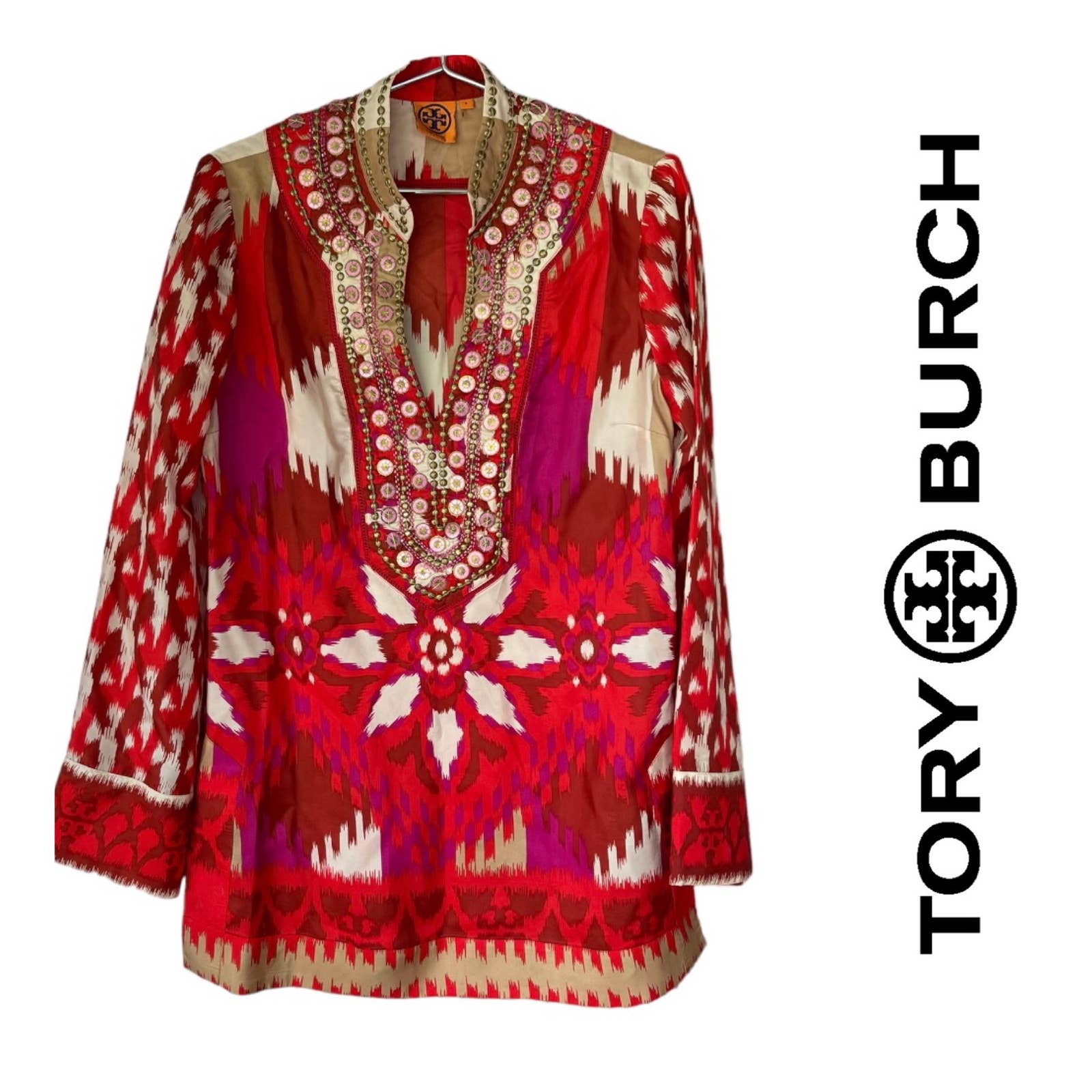 Tory Burch Ikat Iveta Embellished Silk Tunic Top Size 8 Red New - Premium  from Tory Burch - Just $129.0! Shop now at Finds For You