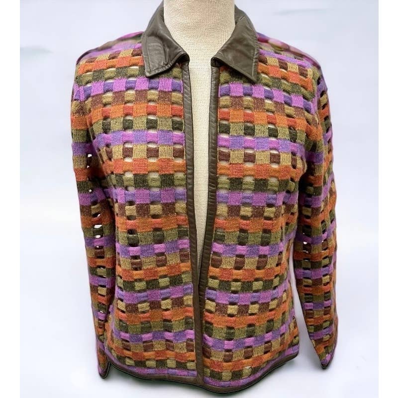 Vintage 90’s Sigrid Olsen Cut Out Woven Leather Trim Cardigan Size M - Premium  from Sigrid Olsen - Just $79.0! Shop now at Finds For You