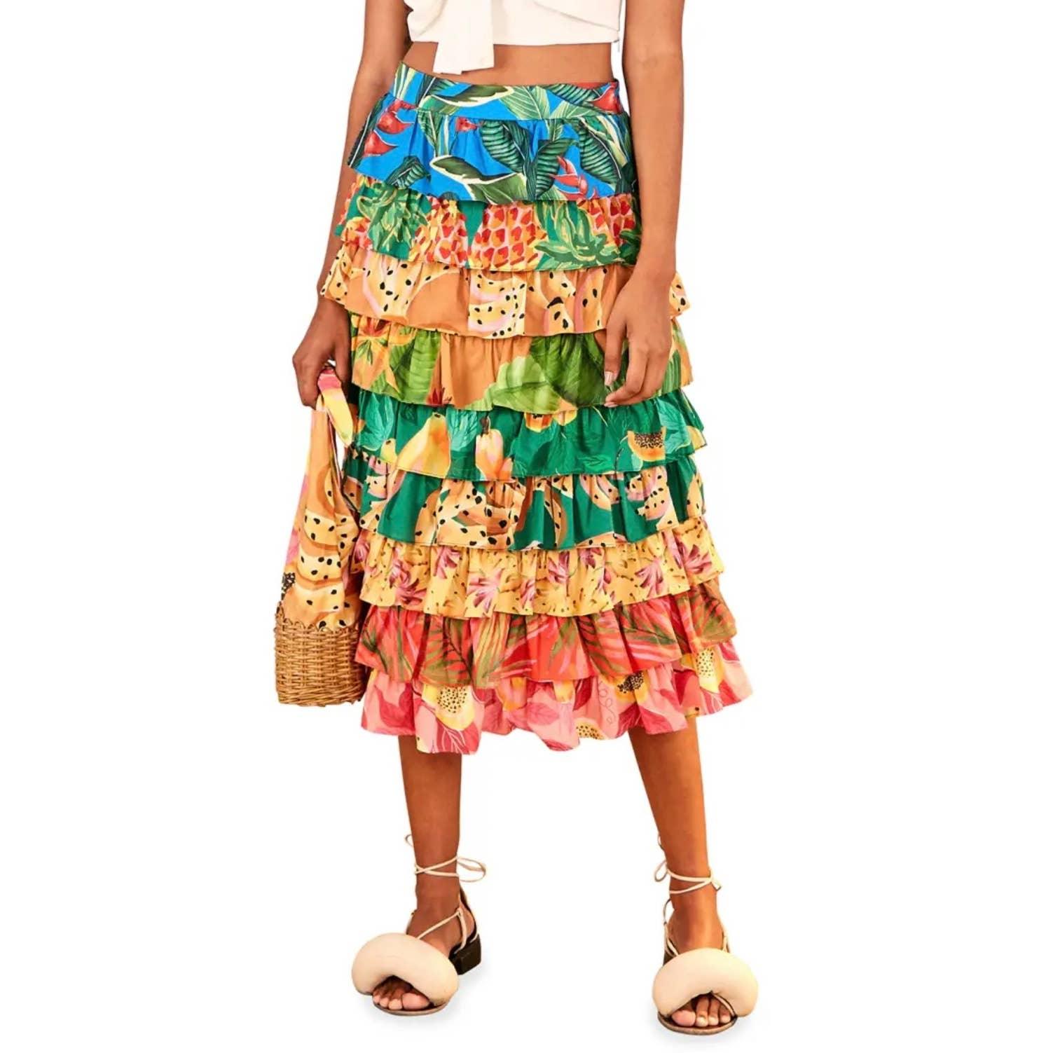 Farm Rio Mixed Print Tiered Midi Skirt Cotton Colorful Size M New - Premium  from Farm Rio - Just $199.00! Shop now at Finds For You