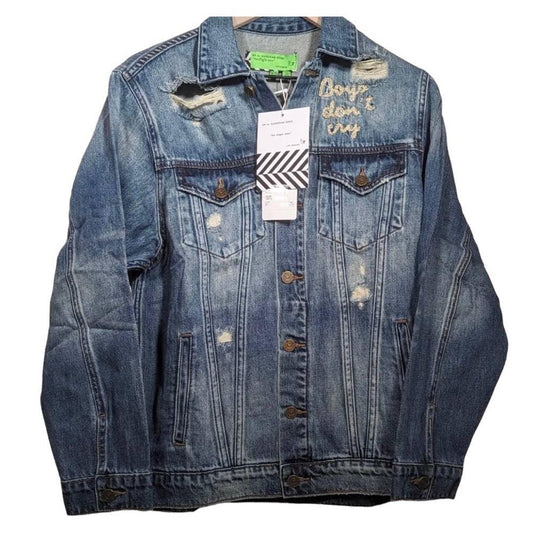 Free People x Sandrine Rose Boys Don’t Cry Embroidered Distressed Denim Jean Jacket New Large - Premium  from Free People - Just $79.0! Shop now at Finds For You