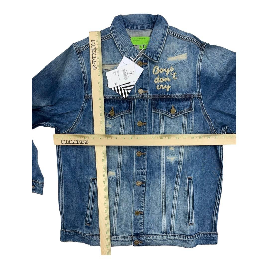 Free People x Sandrine Rose Boys Don’t Cry Embroidered Distressed Denim Jean Jacket New Large - Premium  from Free People - Just $79.0! Shop now at Finds For You
